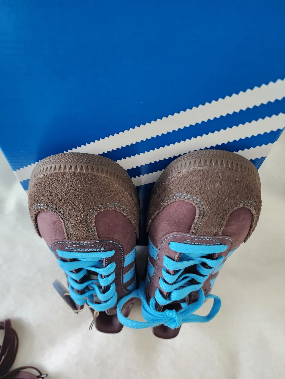 adidas Brown Suede Sneakers with Bright Blue Stripes and Laces - Picture 6 of 11